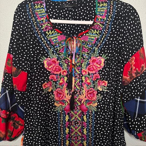 Caleoas Black Fiesta Floral Embroidered Bohemian Hippie Ruffle Blouse - Medium - Picture 3 of 16